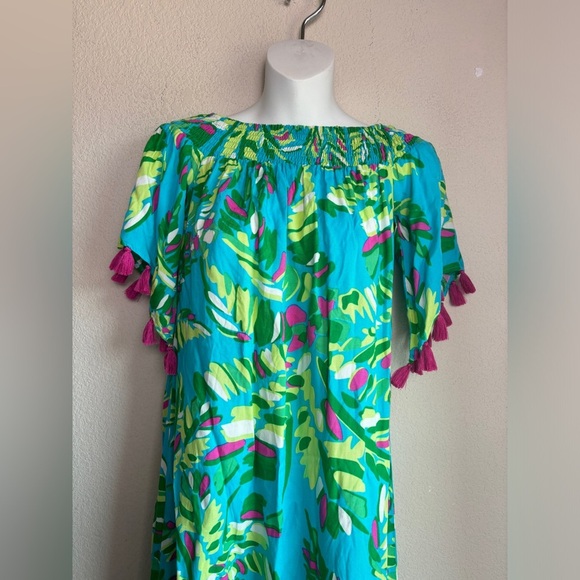 NWT Escapada Living Multi Tropical Tasseled Off The Shoulder Kaftan Dress XS - Picture 4 of 8